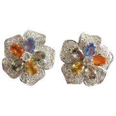 Pre-Owned Multicolored Sapphire Diamond Flower Earrings 11