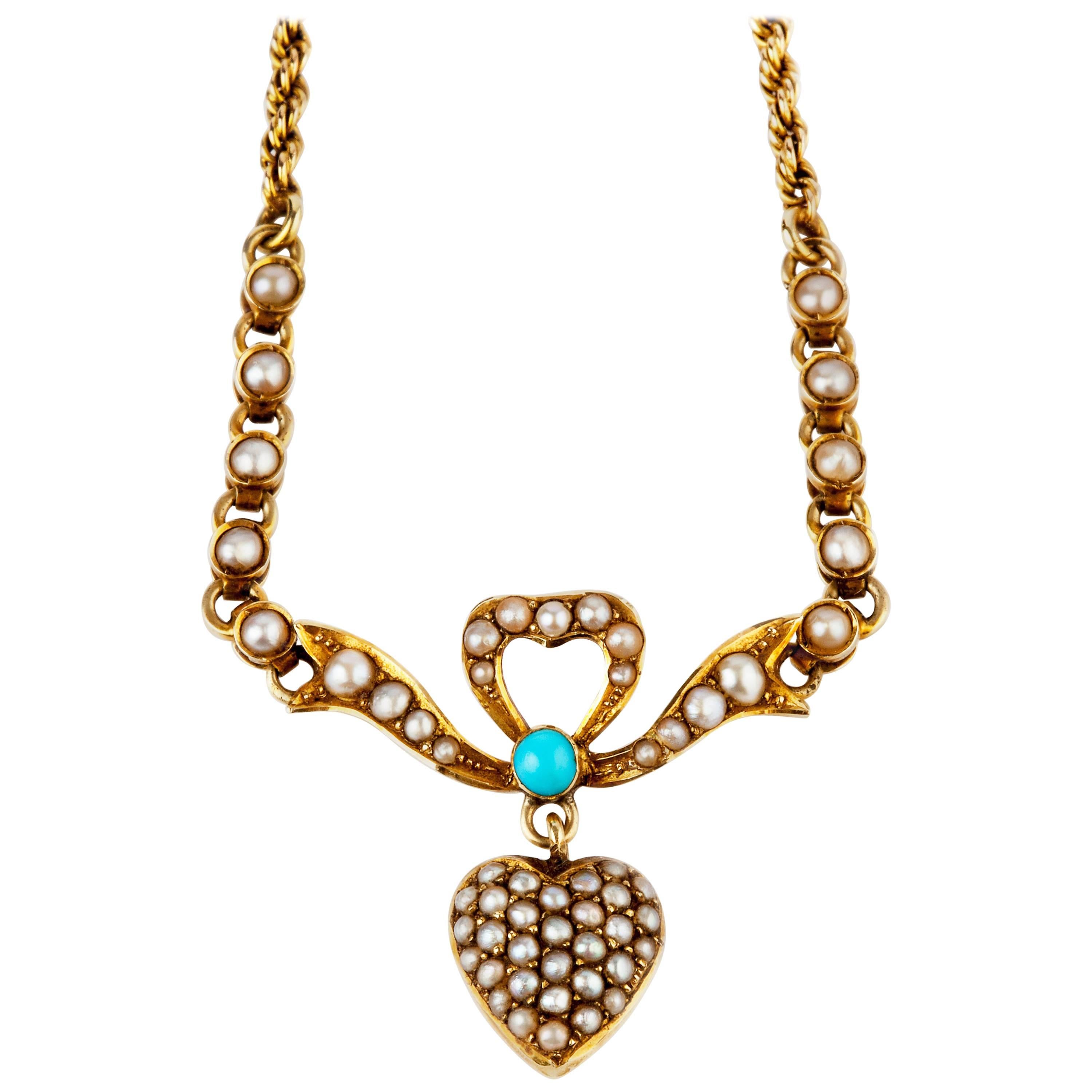 15 Karat Gold Victorian Pearl and Turquoise Necklace For Sale