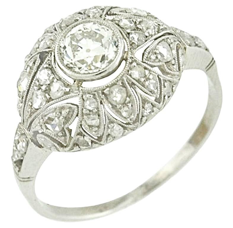 Diamond Edwardian Platinum Filigree Engagement Ring For Sale