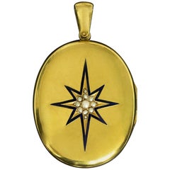 Victorian Starburst Blue Enamel Seed Pearl Gold Locket