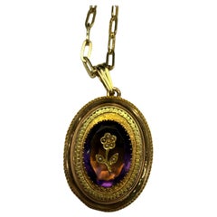 Unisex Antique-Style Gold Locket Amethyst Pendant Necklace, 20th Century