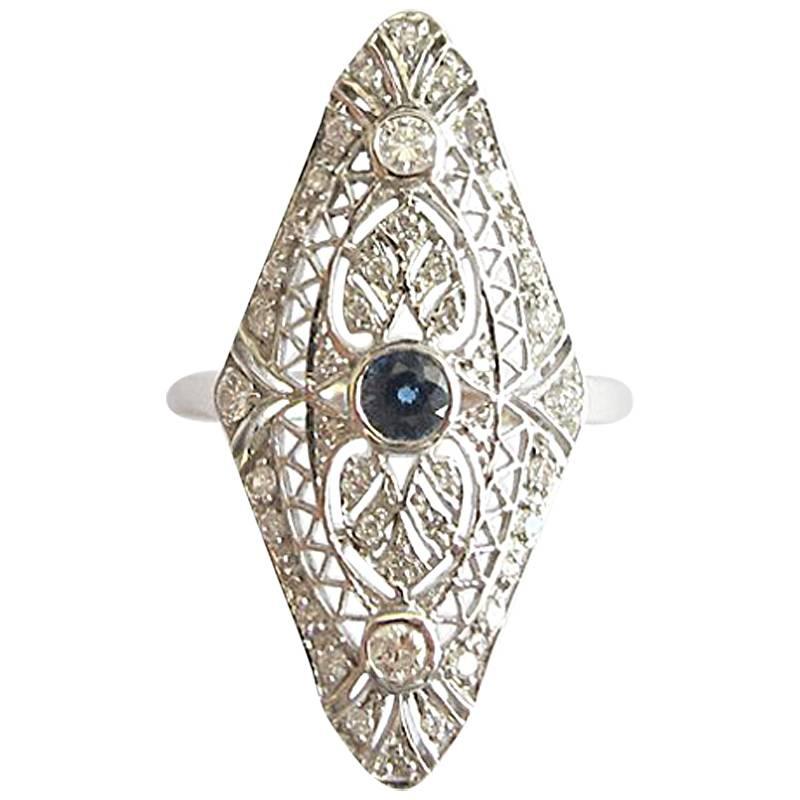 Antique Style Sapphire and Diamond Filagree 14K White Gold Cocktail Ring For Sale