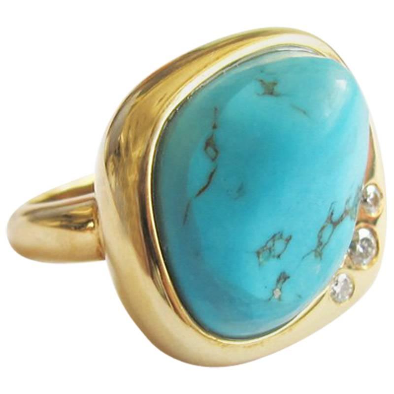 18K Yellow Gold Turquoise Diamond Sculptural Ring For Sale