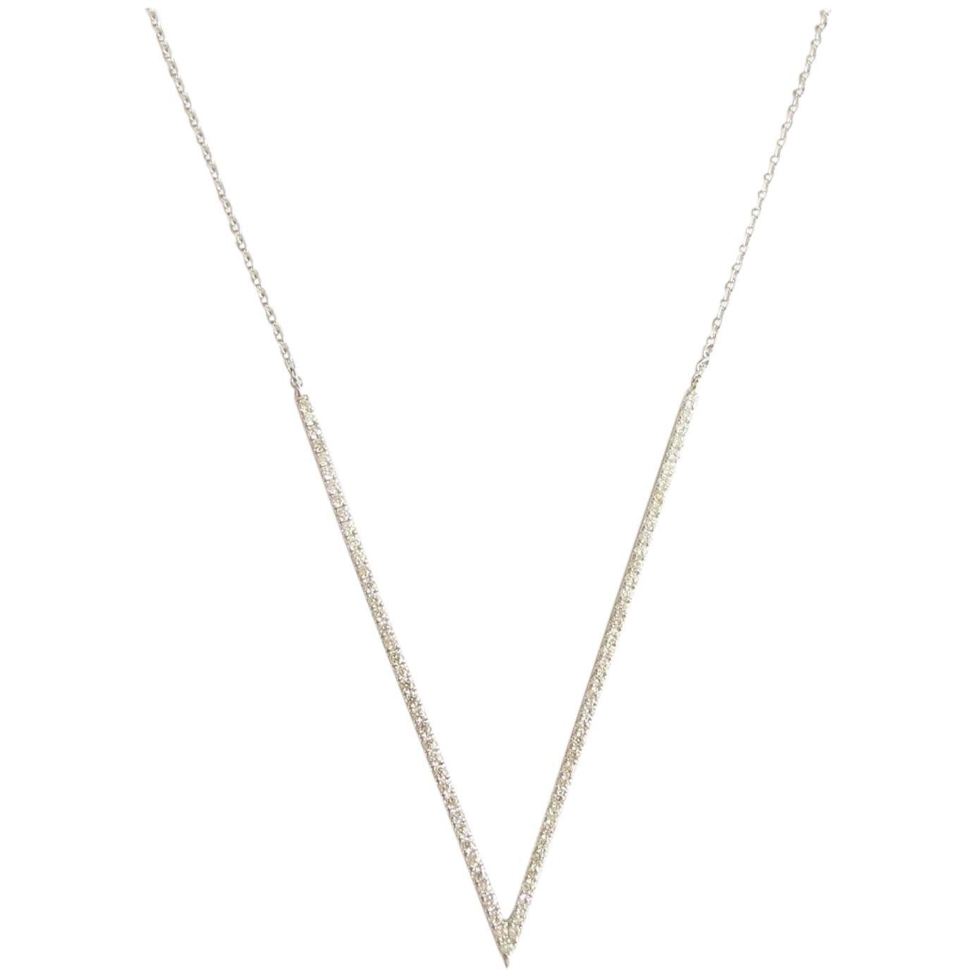 18K White Gold Contemporary Diamond "V" Necklace For Sale