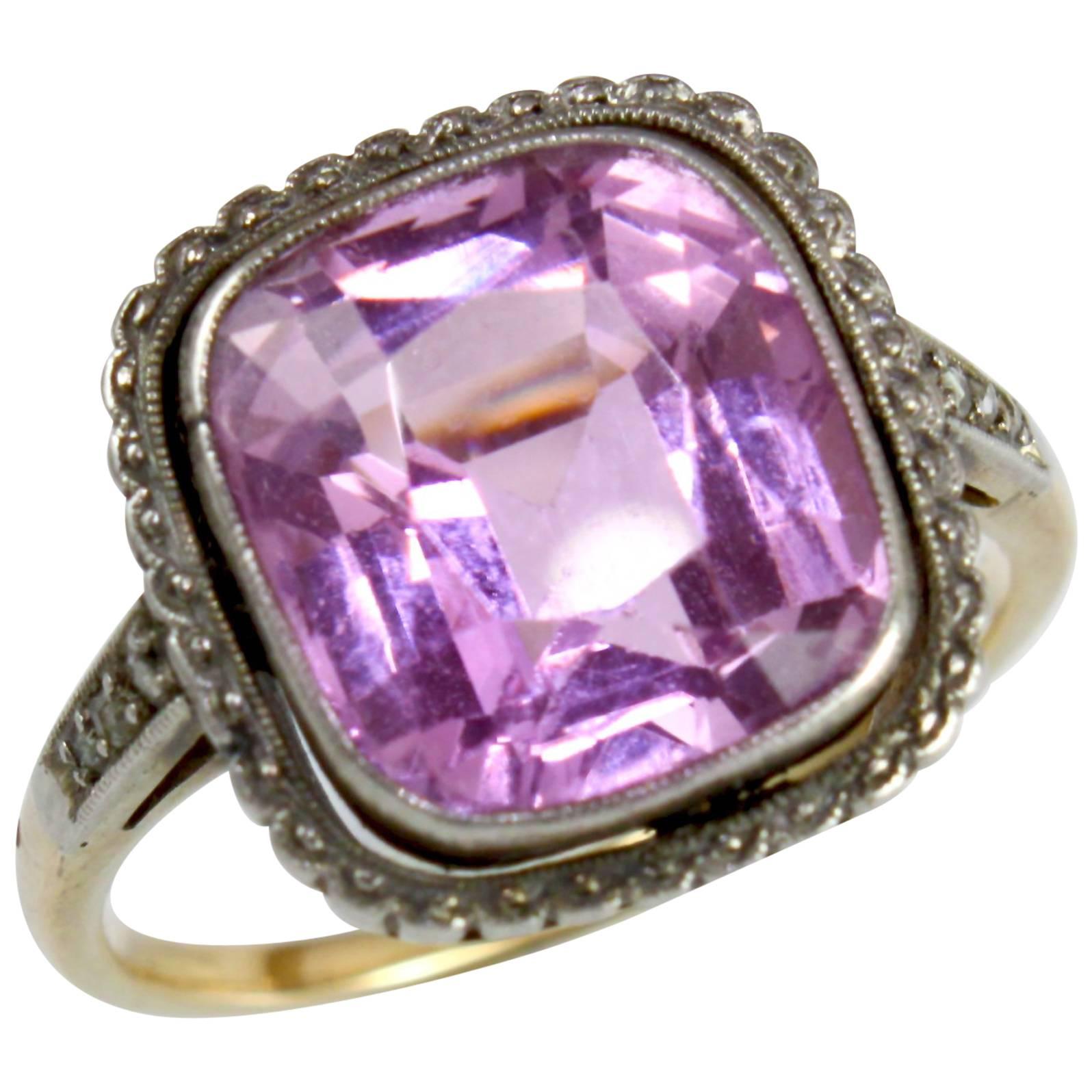 Gold Edwardian Pink Topaz and Diamond Ring For Sale