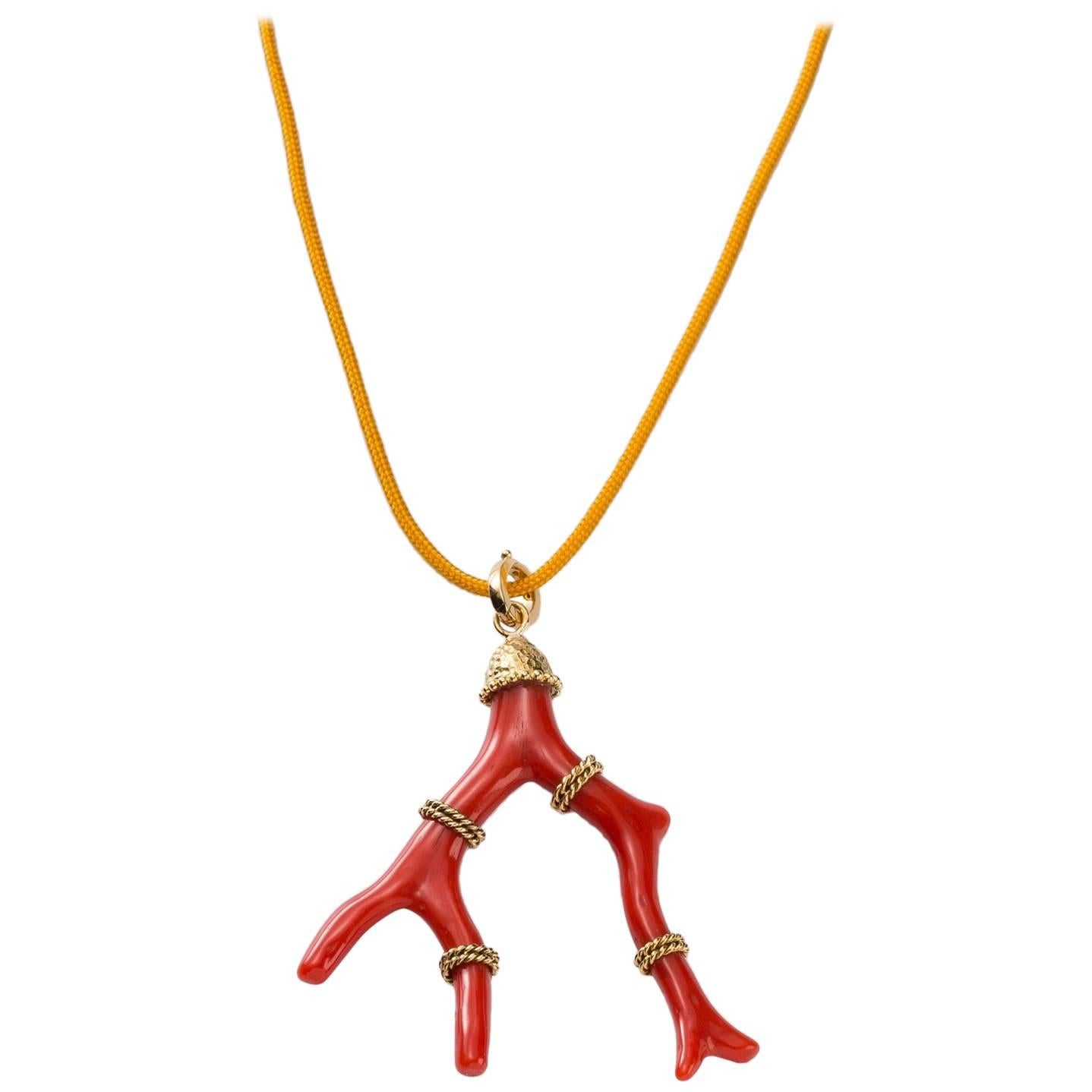 Sardinian Branch Coral Pendant Handcrafted with Hand-Hammered 18 Karat Gold