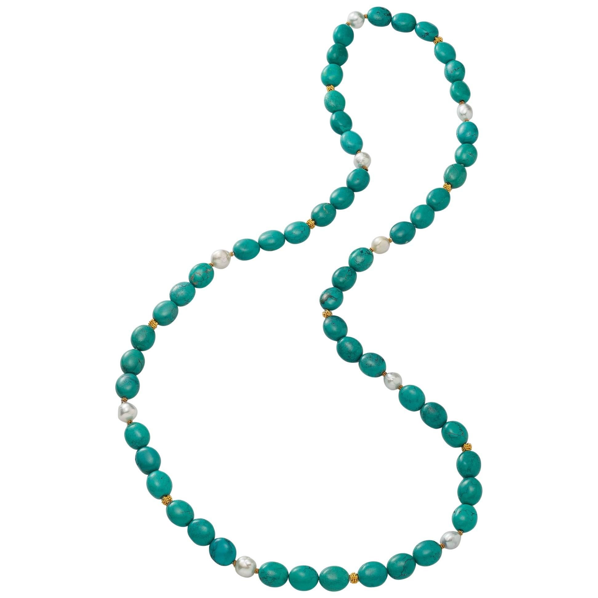 Tibetan Turquoise, South Sea Pearls and 18 Karat Gold Beads Necklace