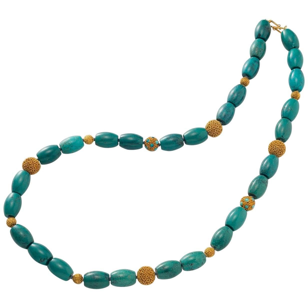 Long Necklace with Tibetan Turquoise and Vermeil Beads, Chinoiserie design