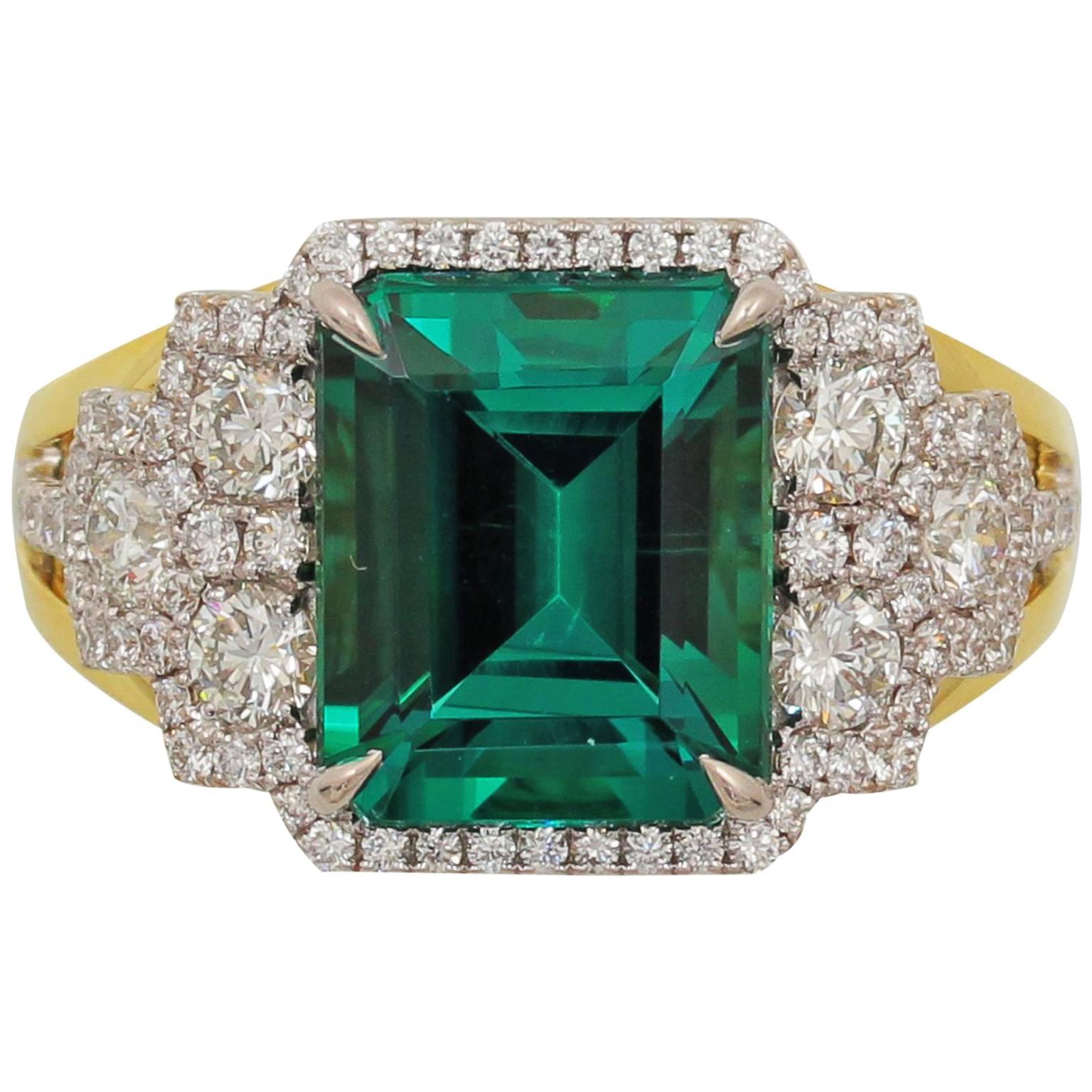 Frederic Sage 4.88 Carat Fine Green Tourmaline Diamond Ring For Sale