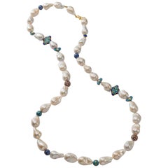 Long Chinoiserie Necklace, Baroque Freshwater Pearls, Cloisonné & Vermeil Beads