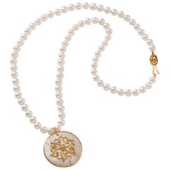 Pearl Necklace, Hand-Hammered 18K Gold, Diamond & MOP Chinoiserie Lotus Pendant