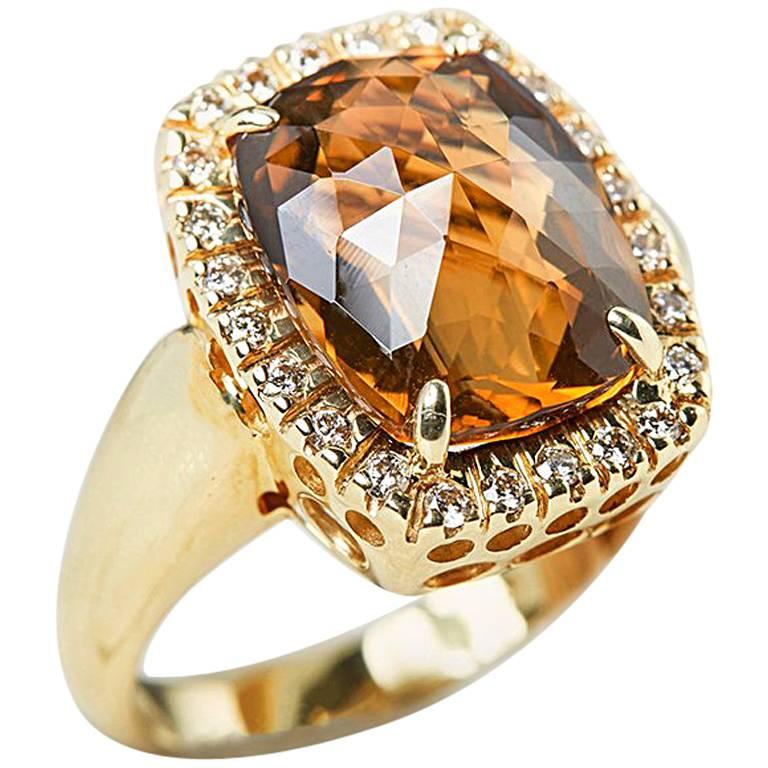 14 Karat Yellow Gold Citrine Diamond Cocktail Ring