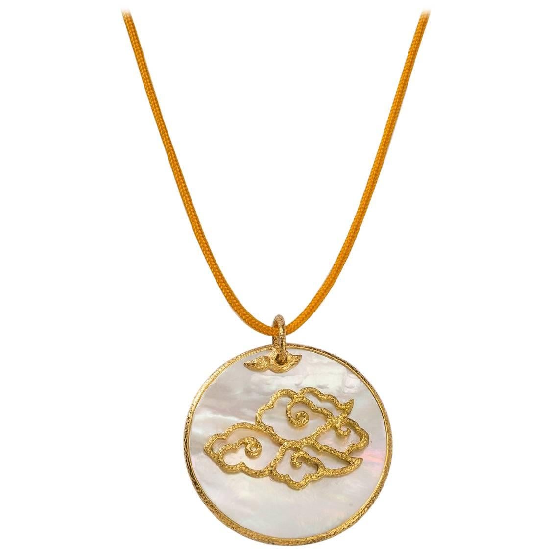 Hand-Worked Chinoiserie Pendant, Hand-Hammered 18 Karat Gold and Mother-of-Pearl