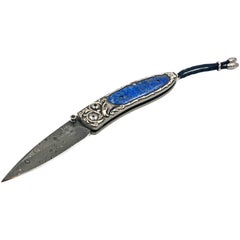 William Henry Damascus Steel Folding Knife with Carve Bolster and Lapis Handle