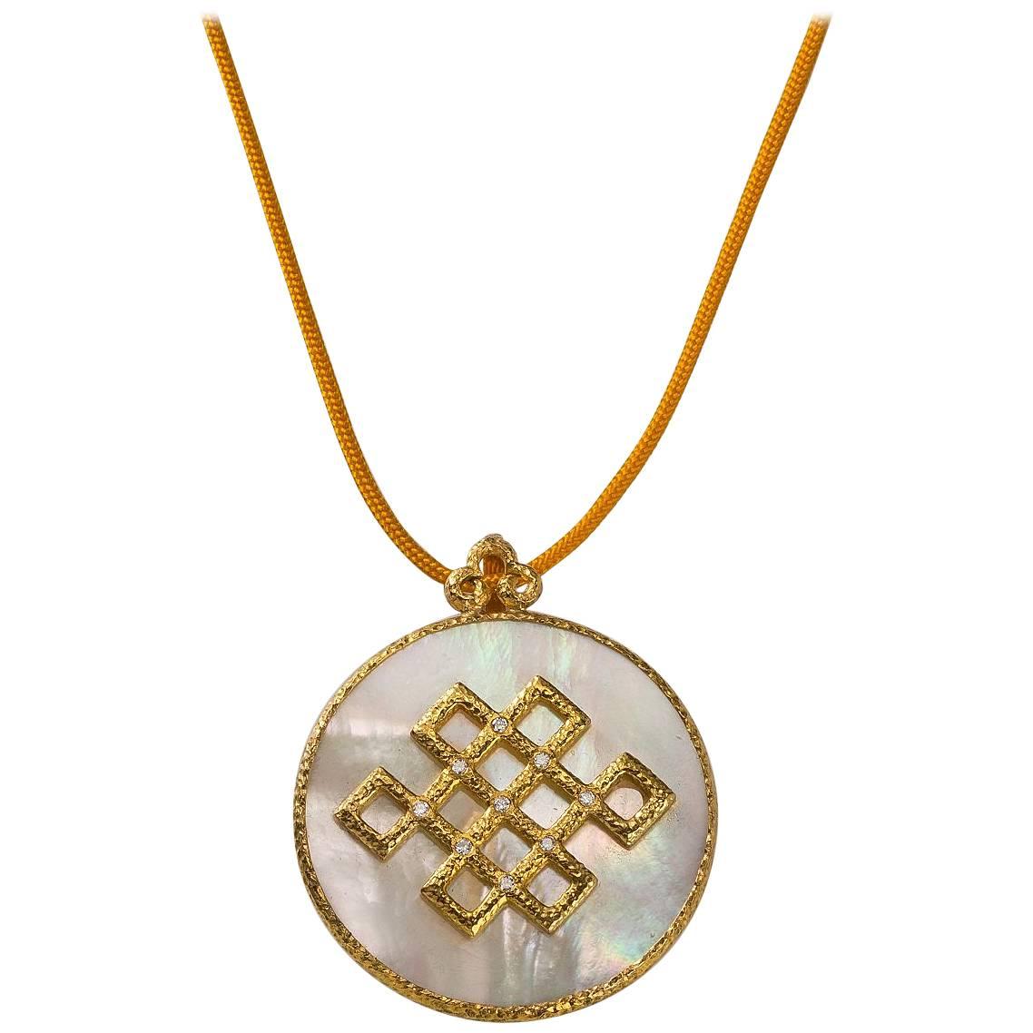 Chinoiserie Pendant, Hand-Hammered 18 Karat Gold, Diamonds and Mother-of-Pearl For Sale