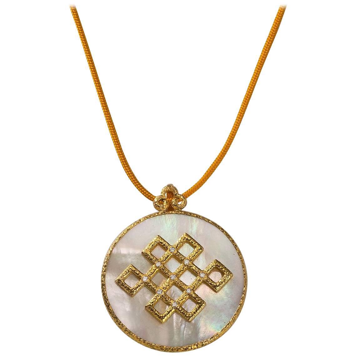 Chinoiserie Pendant, Hand-Hammered 18 Karat Gold, Diamonds and Mother-of-Pearl