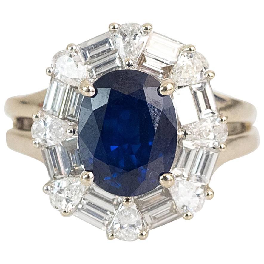 1970s GIA Certified 2.0 carat Sapphire, Diamond and 14k White Gold Ring