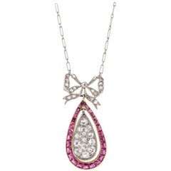 Antique Belle Époque Platinum and 18K Gold Diamond and Ruby Pendant Necklace