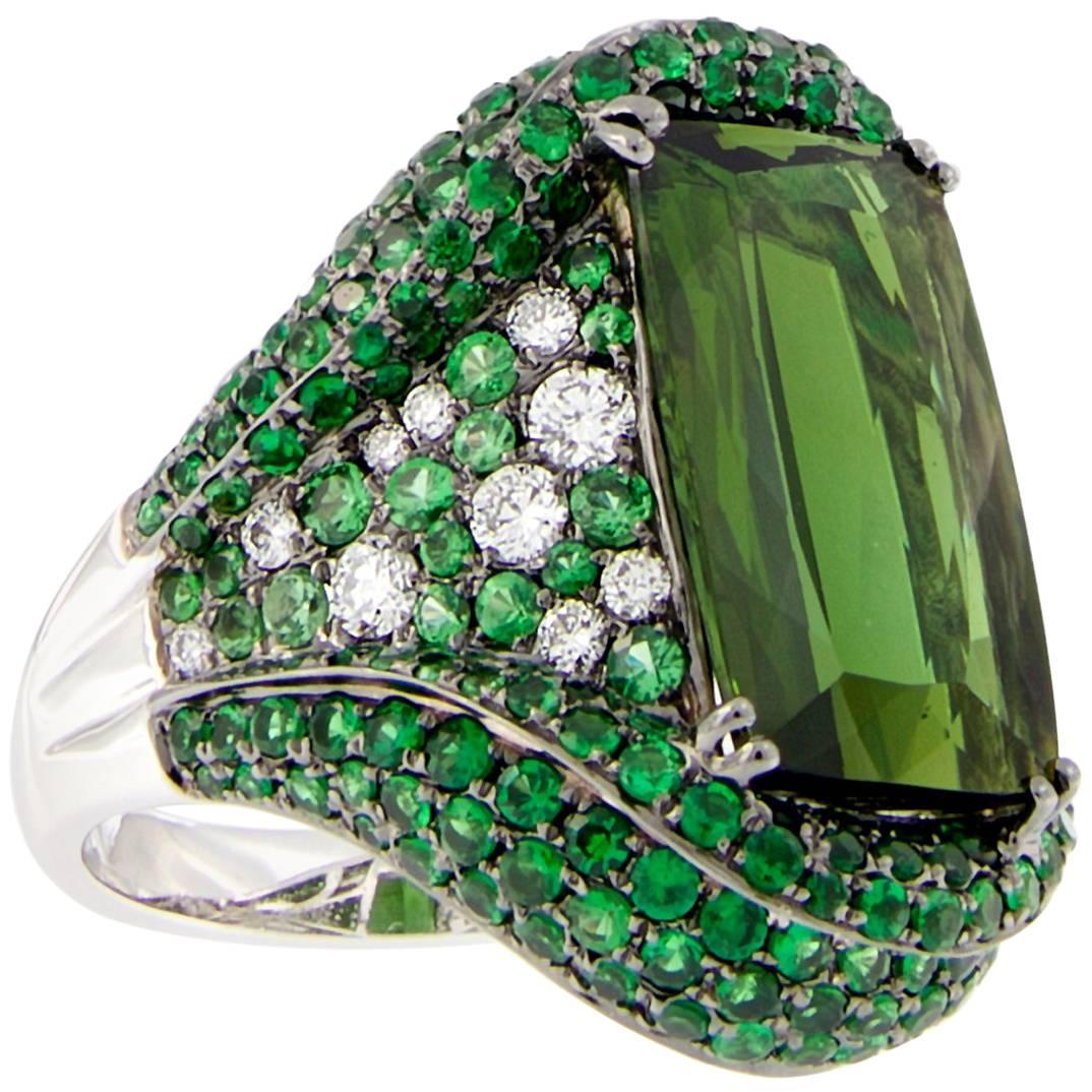 Green Tourmaline Garnet Diamond Gold Ring