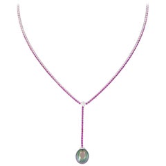 Pink Sapphire Diamond Tahitian Pearl Y-Drop Necklace