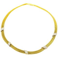 Woven Chain Mesh Necklace with Diamonds in Yellow and White Gold 8