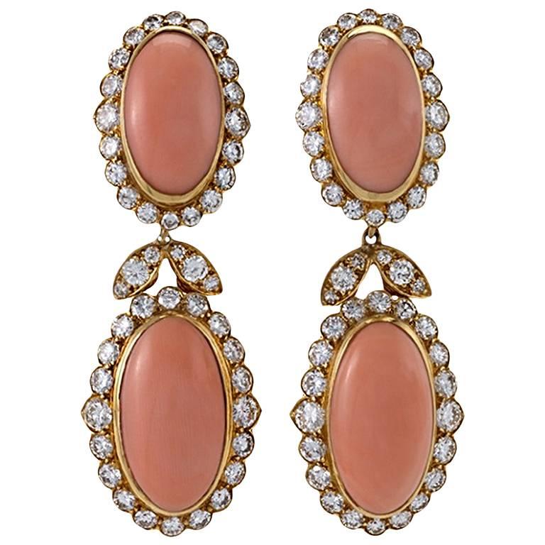 Van Cleef & Arpels Coral and Diamond Drop Earrings 