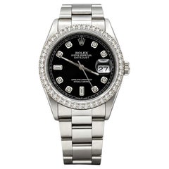 Rolex Datejust 16220 36mm Black Baguette Diamond Dial Diamond Bezel Steel
