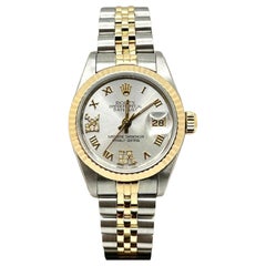 Rolex Ladies Datejust 69173 26mm Silver Roman Diamond Dial 18k Yellow Gold Steel