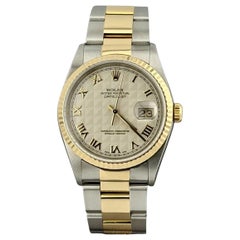2002 Rolex Datejust 16233 36mm Roman Ivory Pyramid Dial 18k Yellow Gold Steel