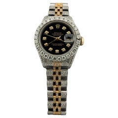 Rolex Ladies Datejust 69173 Iced Out Diamond Case Bezel Band Dial 18k Gold Steel