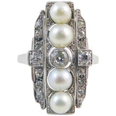 Art Deco Diamond 0.40 Carat and Pearl Plaque Cocktail Ring, 18 Carat White Gold