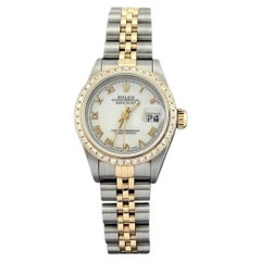 Rolex Ladies Datejust 69173 Diamond Bezel White Roman Dial 18k Yellow Gold Steel