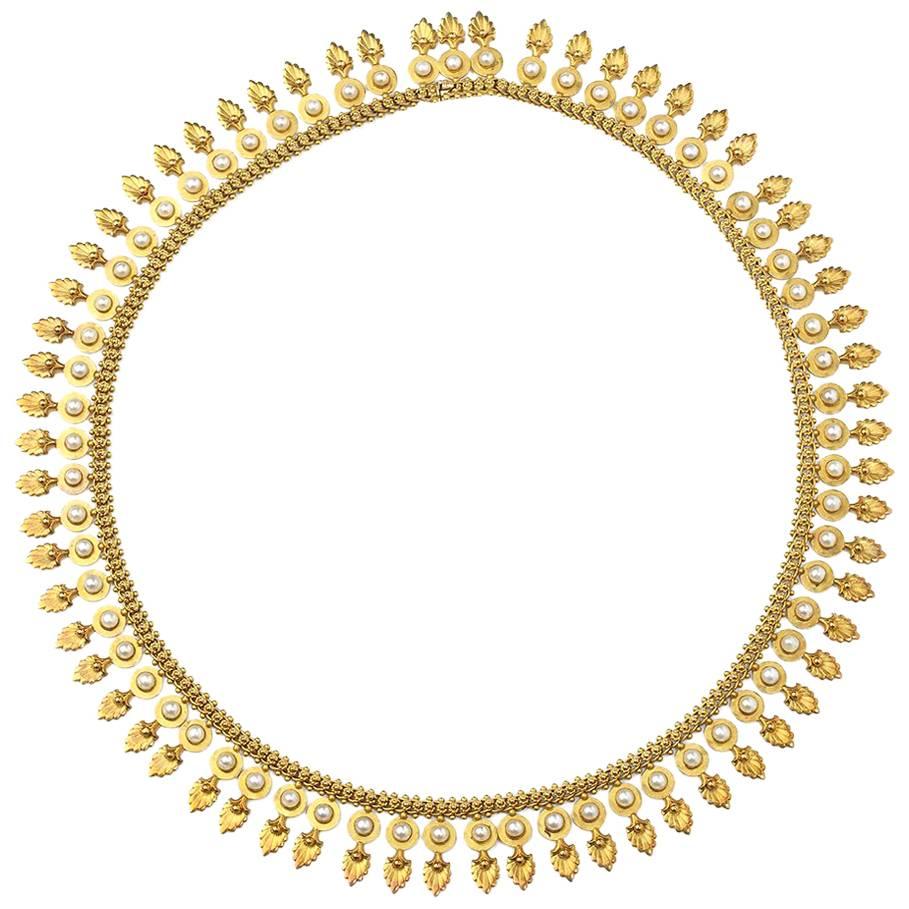 Antique Pearl and Gold Etruscan Style Fringe Necklace, Circa 1875