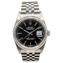 2005 Rolex Datejust 16234 Black Rail Dial 18k Gold Stainless Steel Box Paper