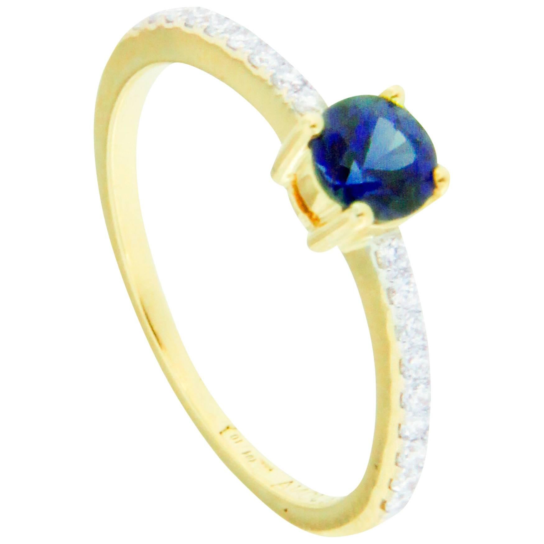 Jona Blue Sapphire White Diamond 18 Karat Yellow Gold Solitaire Ring