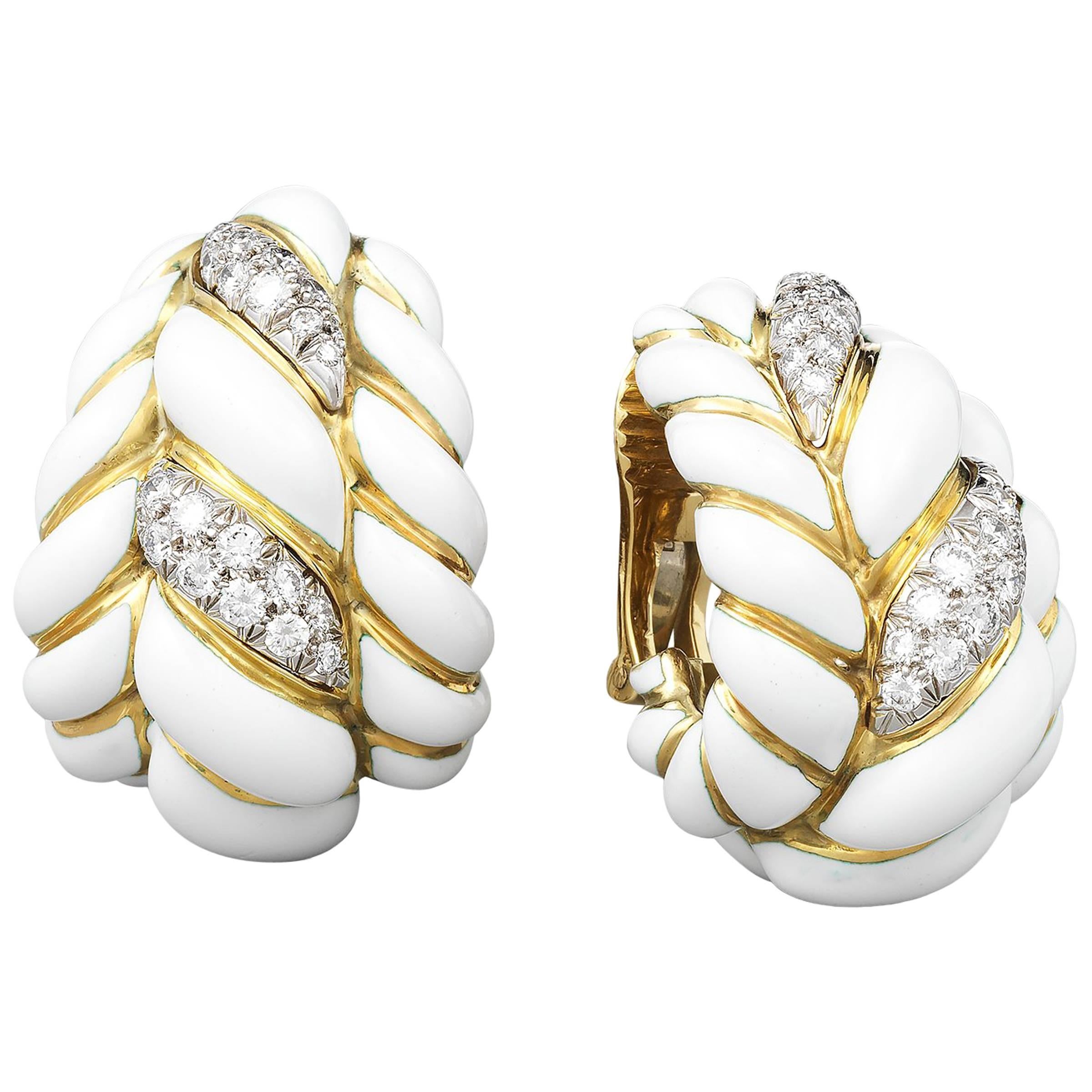 David Webb Diamond White Enamel Gold Earrings