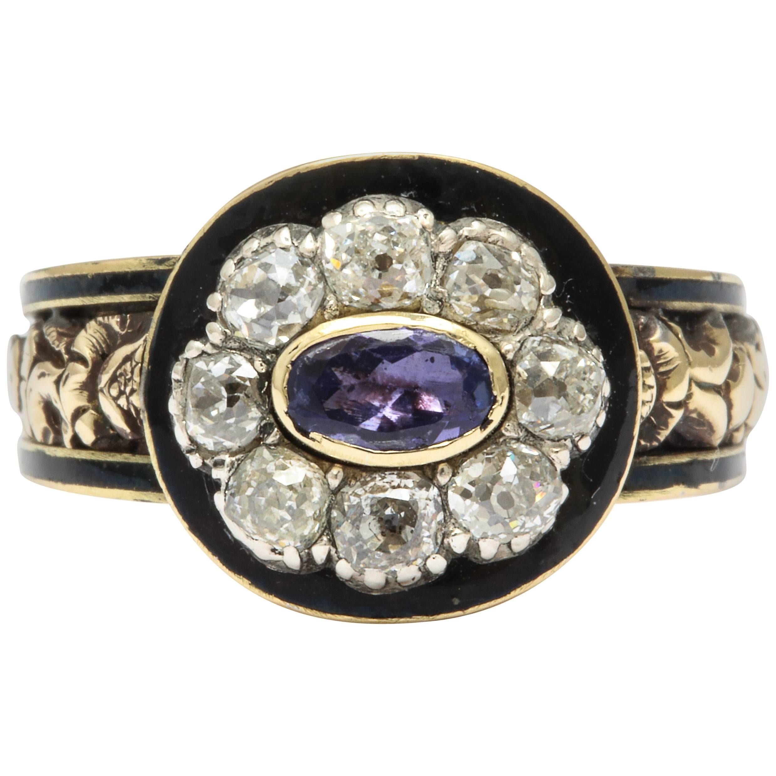 Georgian Amethyst Diamond and Enamel Ring