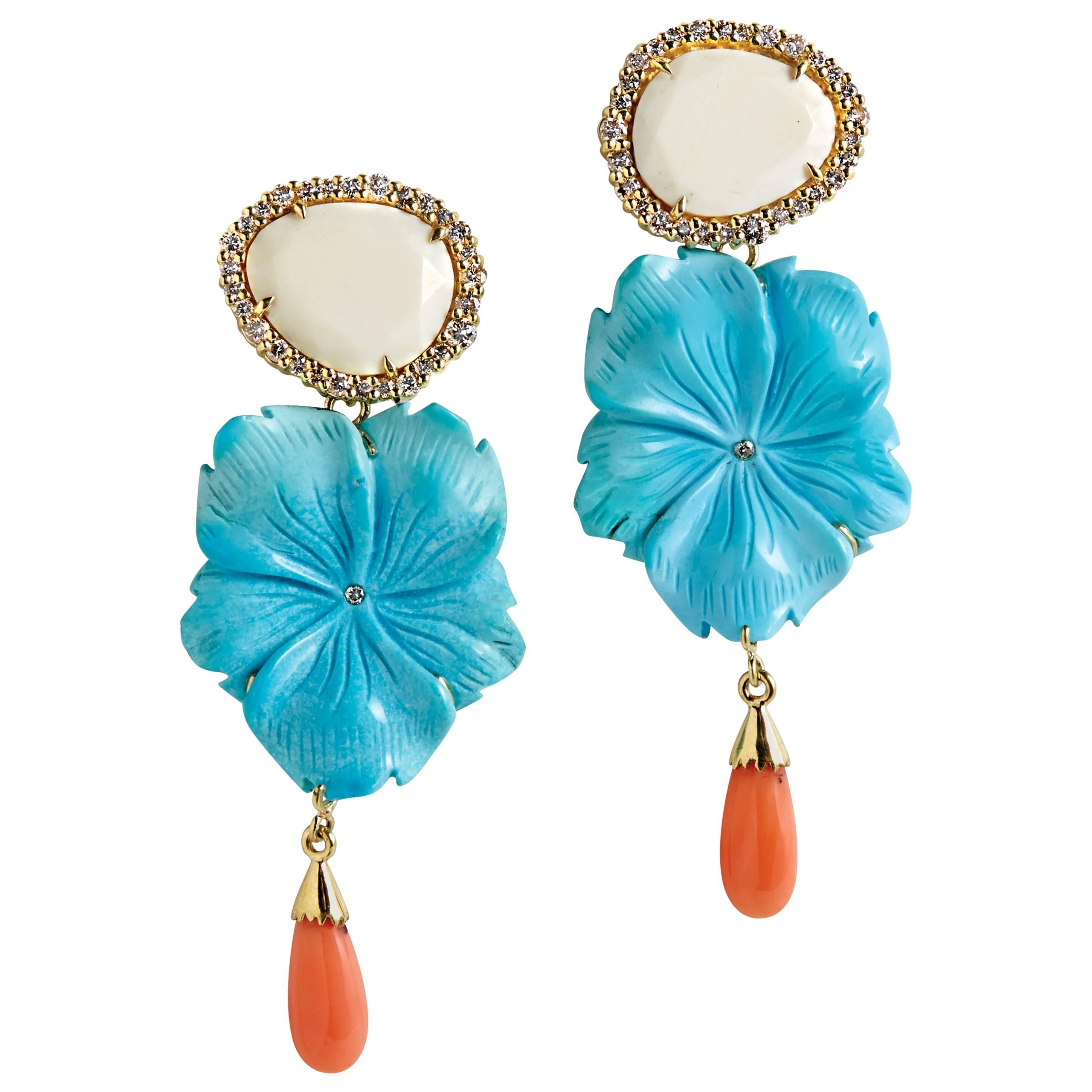 Deux Filles Floral Turquoise, Coral, Diamond and Nacre Drop Earrings For Sale