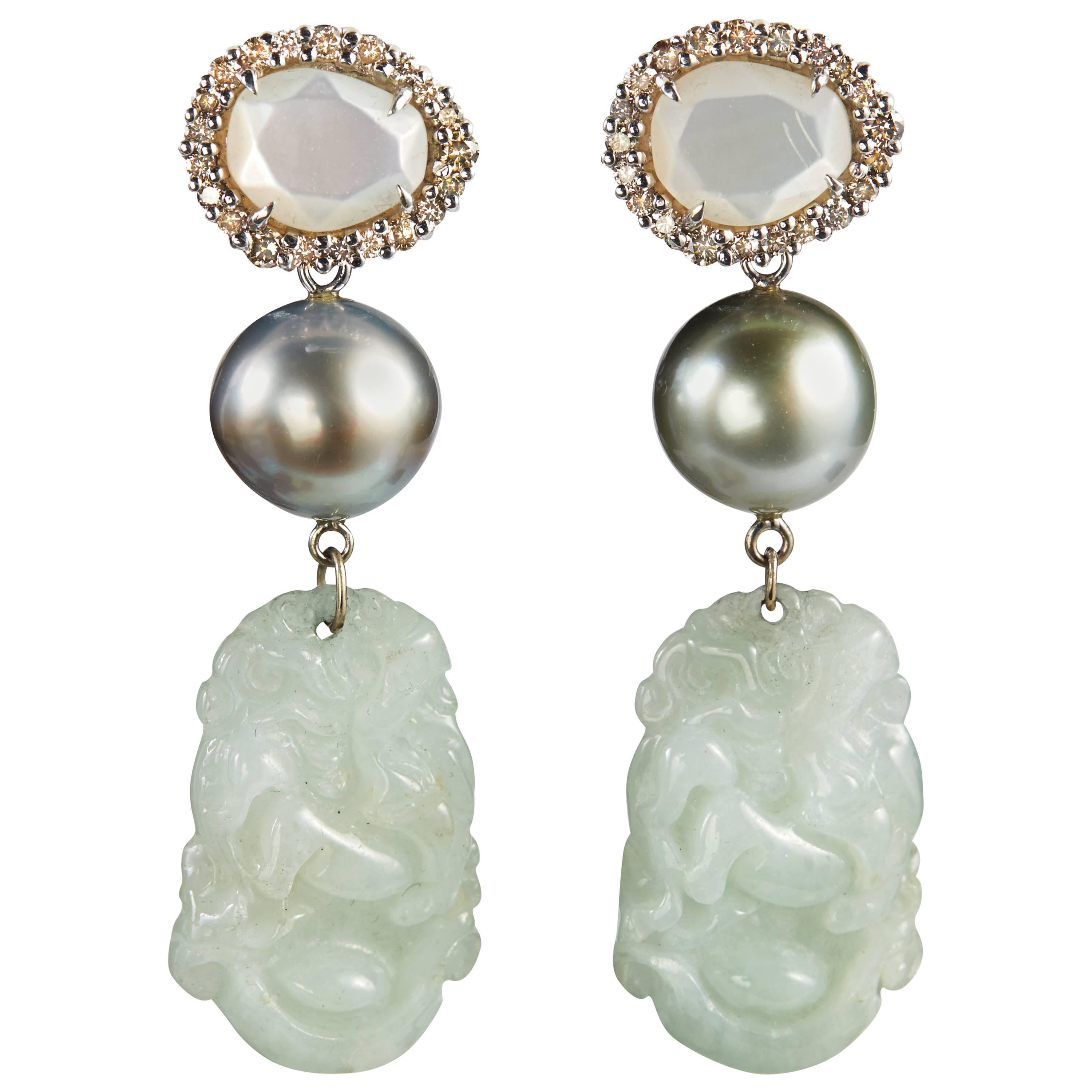 Deux Filles Tahitian Pearl, Diamond, Nacre and Jade Drop Earrings For Sale