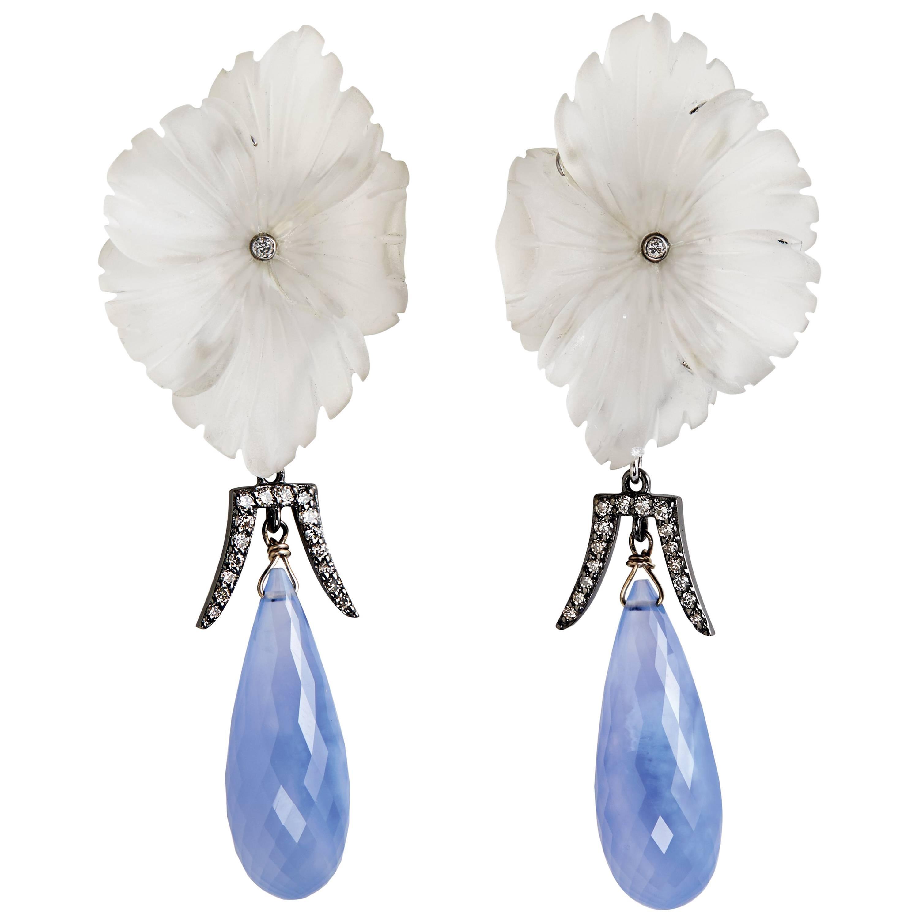 Deux Filles Rock Crystal, Diamond and Chalcedony Drop Earrings For Sale