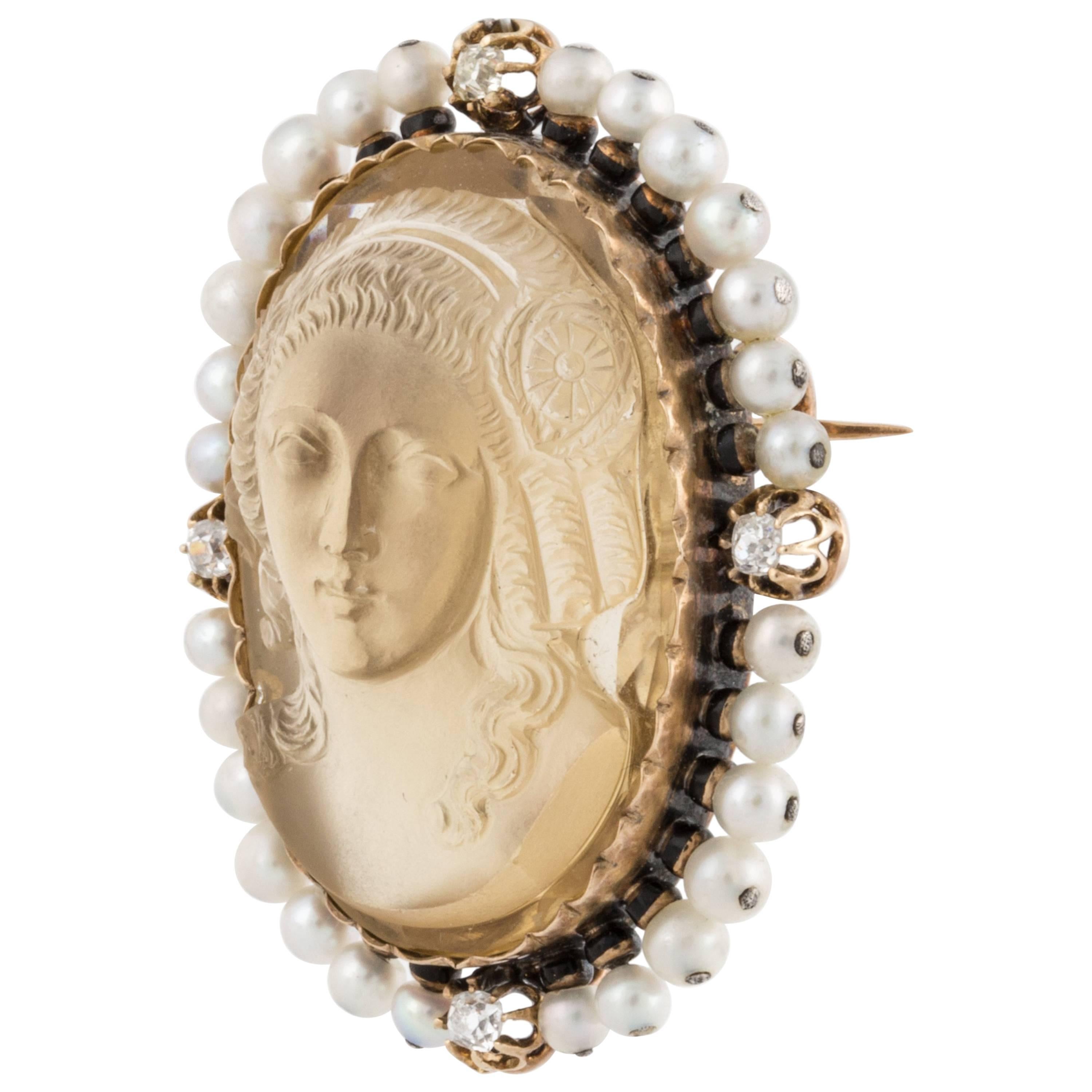 Carved Citrine Pearl and Diamond Cameo Brooch in 18K Rose Gold For Sale