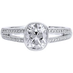 GIA Cert 1.07 Carat Brilliant Cushion Cut Bezel Diamond Split Shank Ring 5.25