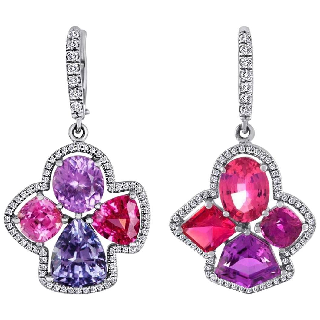 Fabulous Gold Multicolor Spinel and Purple Sapphire Diamond Earrings