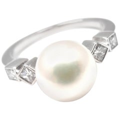 Vintage Mikimoto Frost Akoya Pearl Diamond White Gold Ring