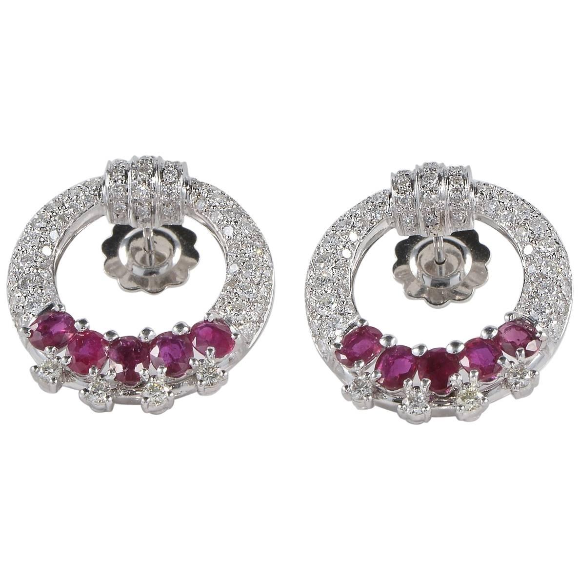 Spectacular Ruby and Diamond Vintage Hoop Earrings For Sale