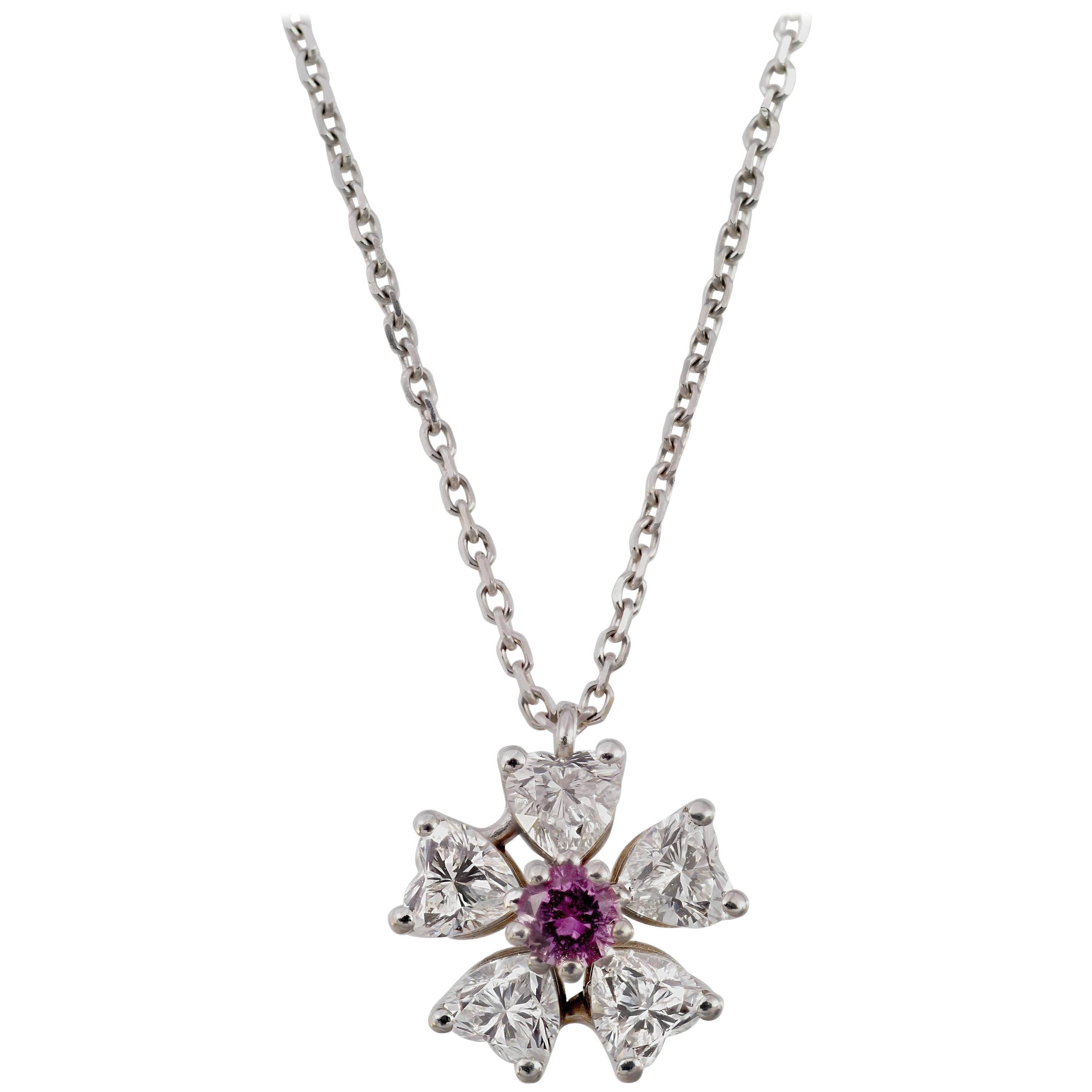 Floral Motif Diamond Pendant with Ideal Cut Heart Shaped Diamonds  For Sale