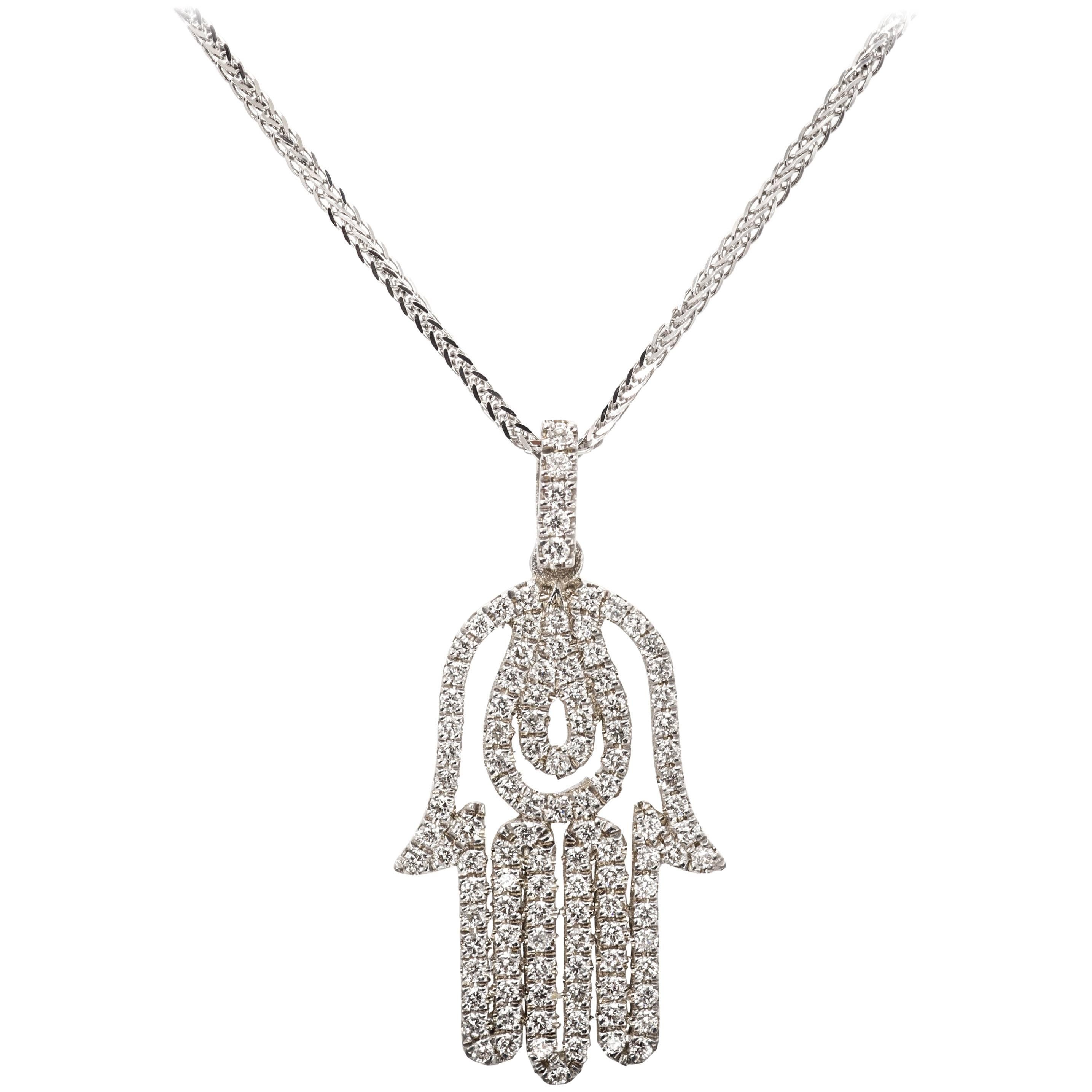 Hamsa Diamond White Gold Pendant Necklace For Sale