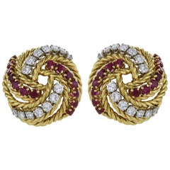 Vintage Ruby Diamond 18 Karat Yellow Gold Knot Clip Earrings