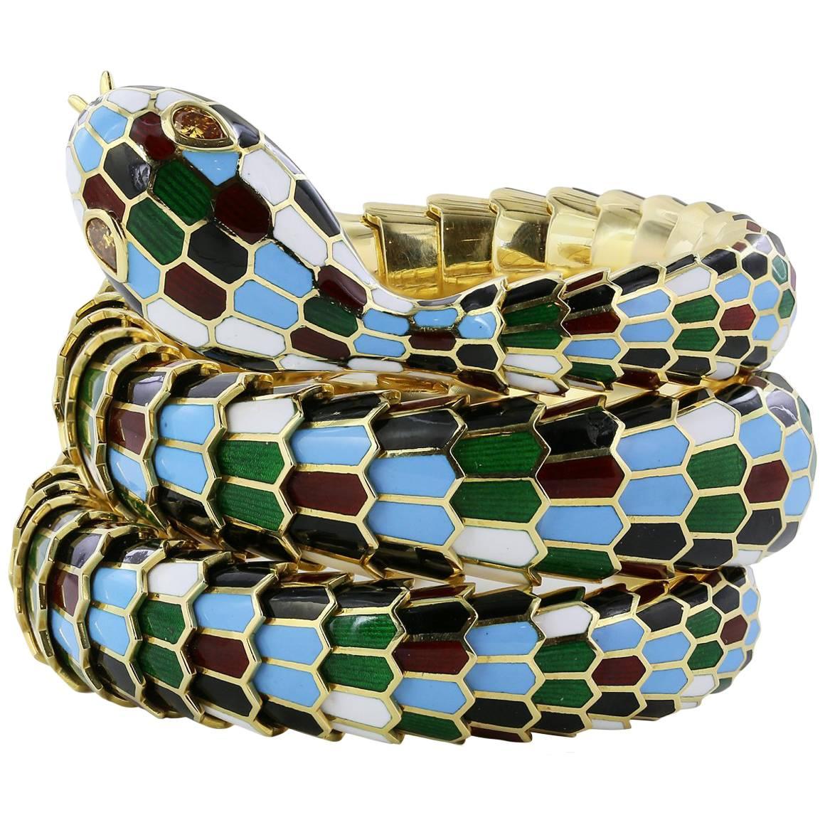 Harlequin Enamel Gold Snake Bracelet For Sale
