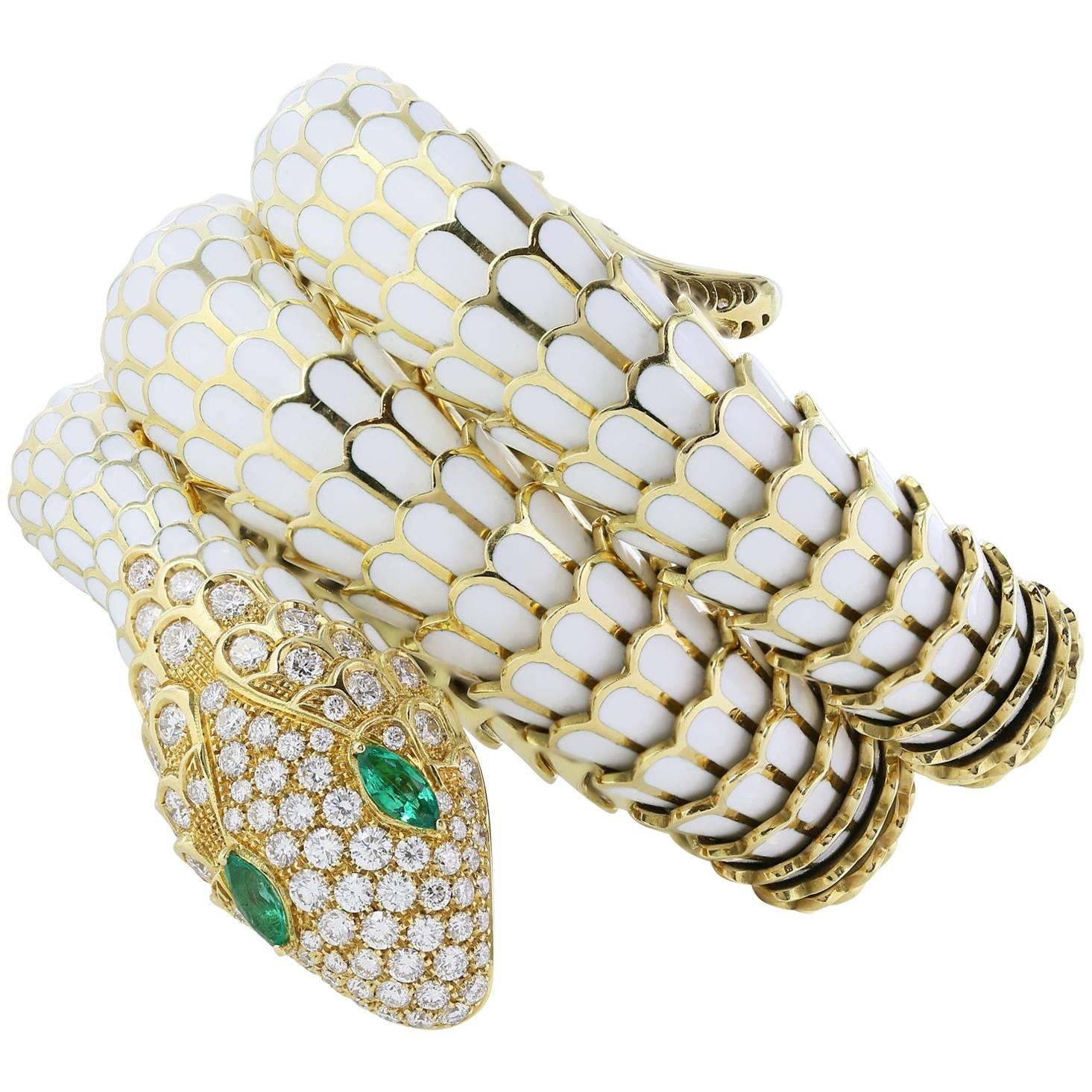 White Enamel Gold Snake Bracelet For Sale